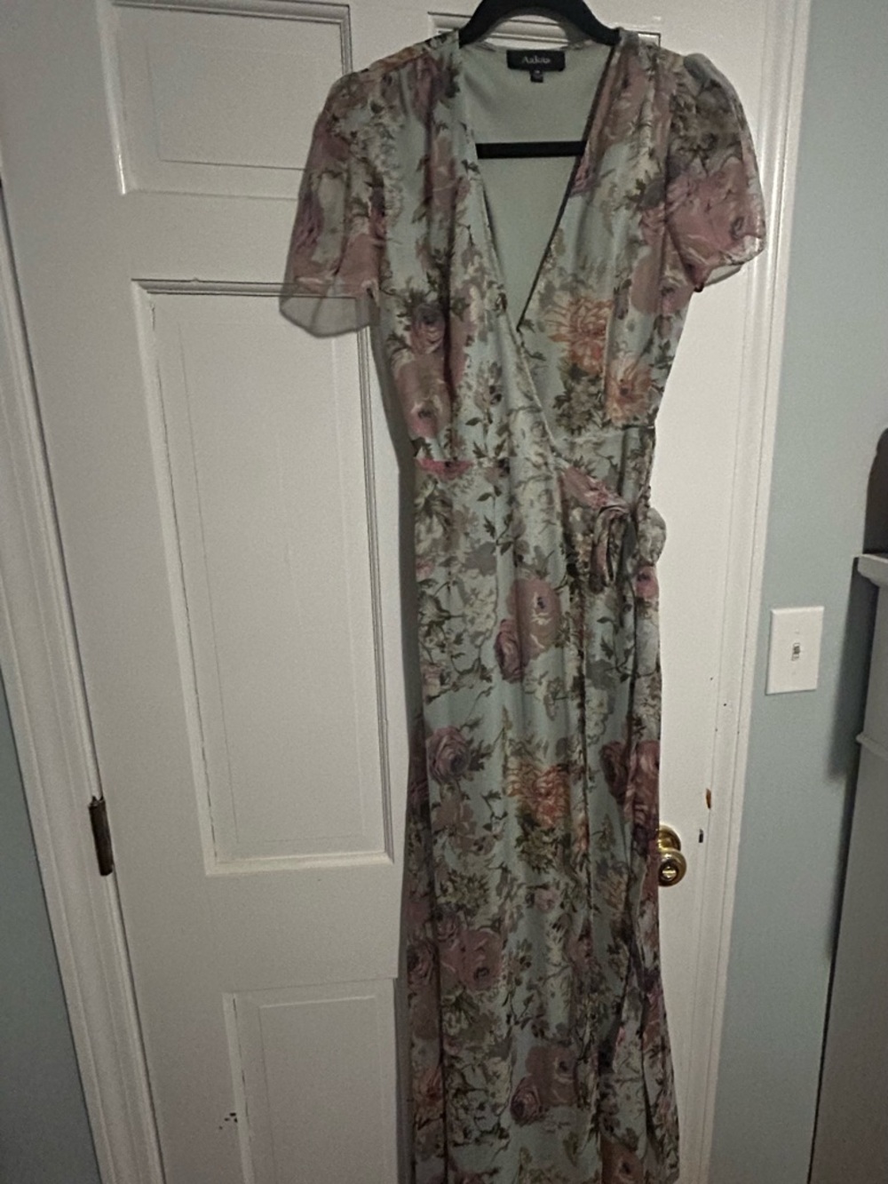 Aakaa Sage Floral Wrap Maxi Dress with Dusty Rose Blooms